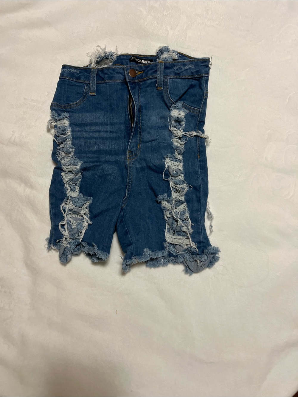 Fashion Nova Light Blue Distressed High-Rise Denim Shorts